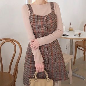 Vintage Plaid Pinafore Strap Buttoned Up Dress